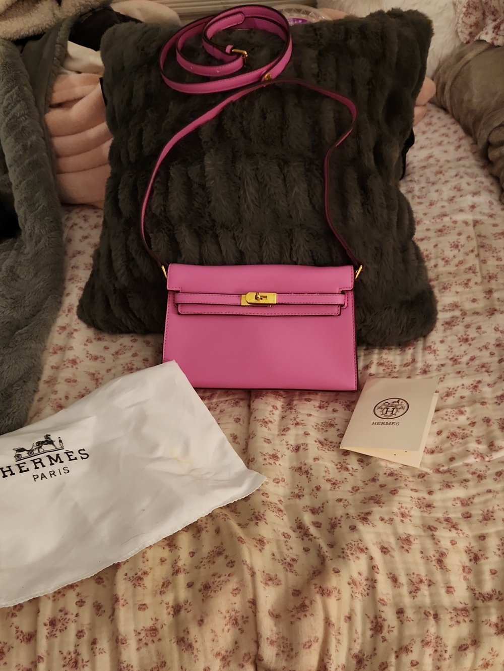 Rose Pink Kelly-style Bag With Crossbody Strap And Handbag Strap